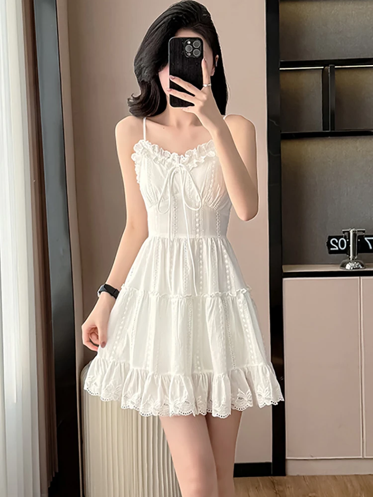 

Summer White Chic Bow Ruffled Sling Sexy Mini Dress Women Elegant Lace Jacquard Dress 2025 Korean Fashion Bodycon Evening Dress