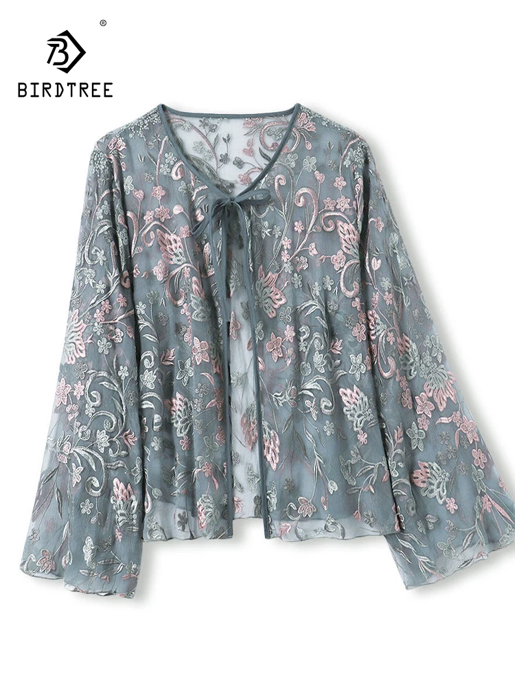 

Элегантное шелковое пальто BirdTree, с вышивкой и шнуровкой, женская пляжная одежда для отпуска, свободная защита от солнца, Весна 2026 C62563CC