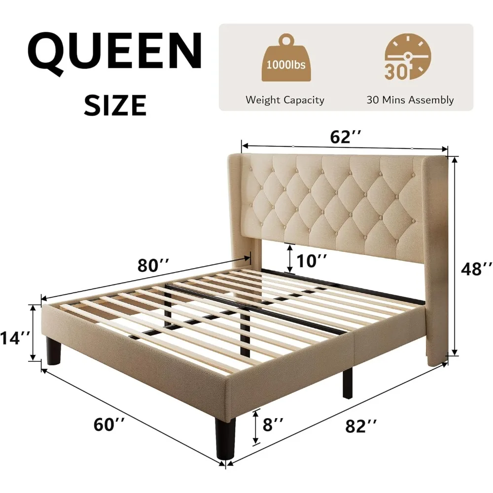 iPormis Queen Size Platform Bed Frame with Button Tufted Headboard, Upholstered Bed Frame with Solid Wooden Slats, 8