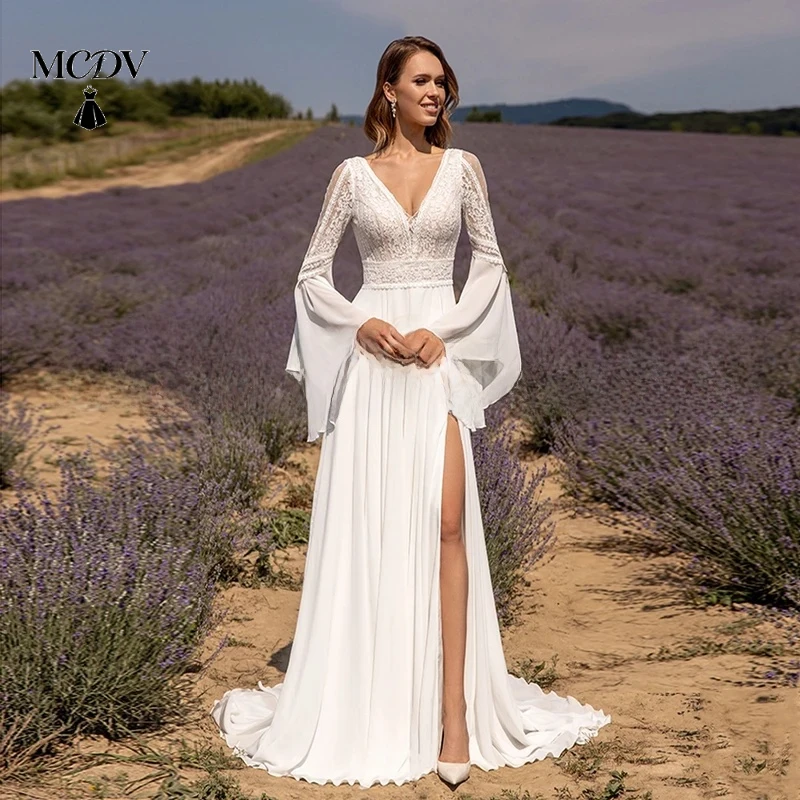 

MCDV Bohemian Boho Wedding Dress Customized Flare Sleeve V Lace Beach Bridal Gown Backless A Line Split Chiffon Bride Dresses