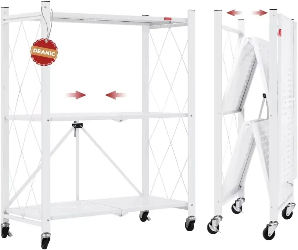 

Трехуровневые складные стеллажи для хранения на колесиках, отдельно стоящая металлическая проволочная полка для кухни, гаража, кладовой - белые