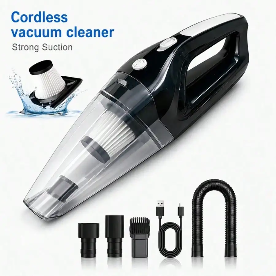 Portable Car Vacuum Cleaner With A Powerful 6000PA Suction, Handheld Design, 1500mAh Large Capacity, Low Noise, And Comes With Five Accessories For Cleaning Car Interiors, Homes, And Pets. Also Includes Car Accessories.