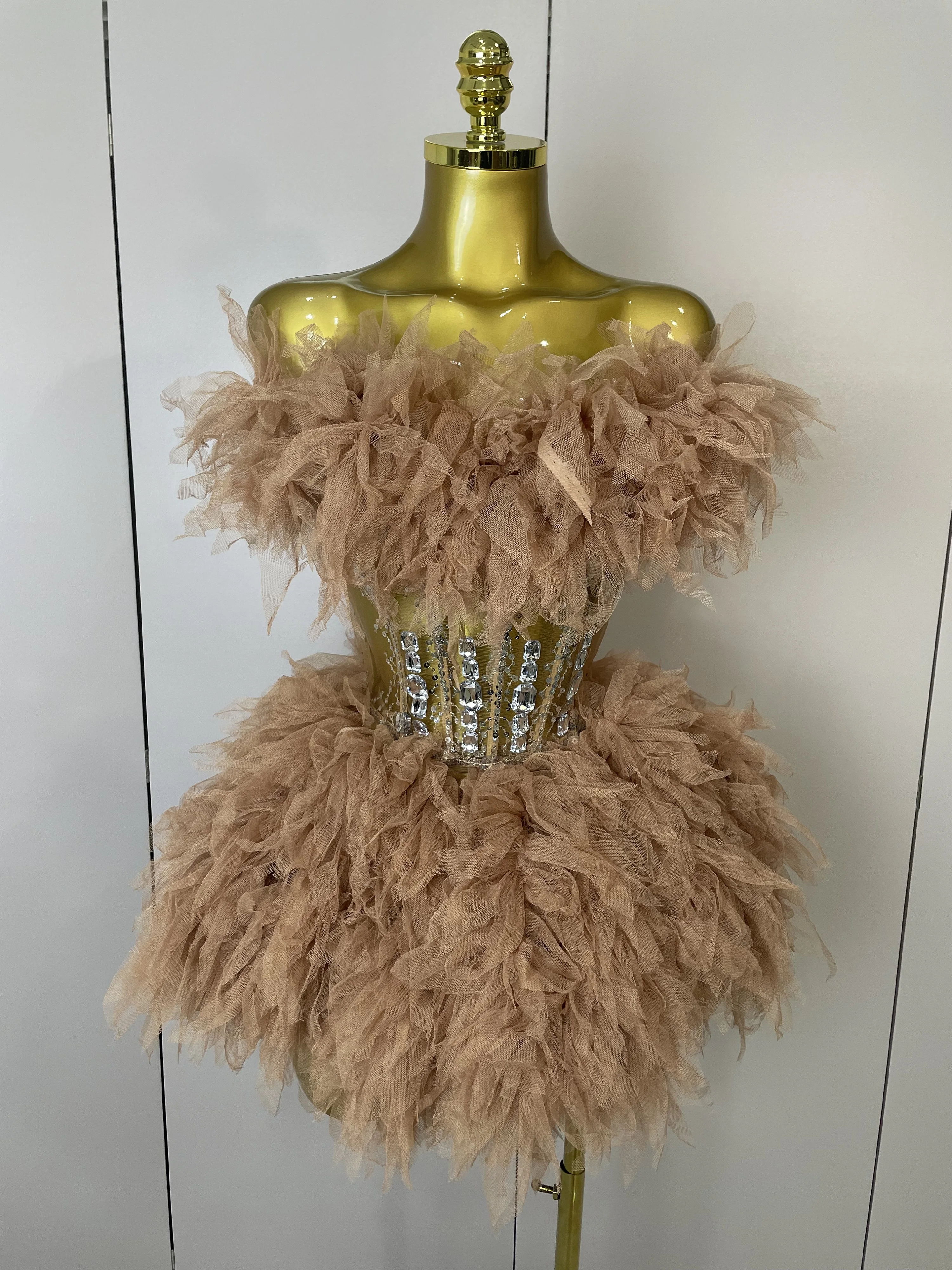 2025 المرأة مثير عارية الذراعين حزام شبكة رقيق تنورة 2 قطع الماس الترتر مرحلة الأداء زي حفلة عيد ميلاد اطلاق النار فستان #3