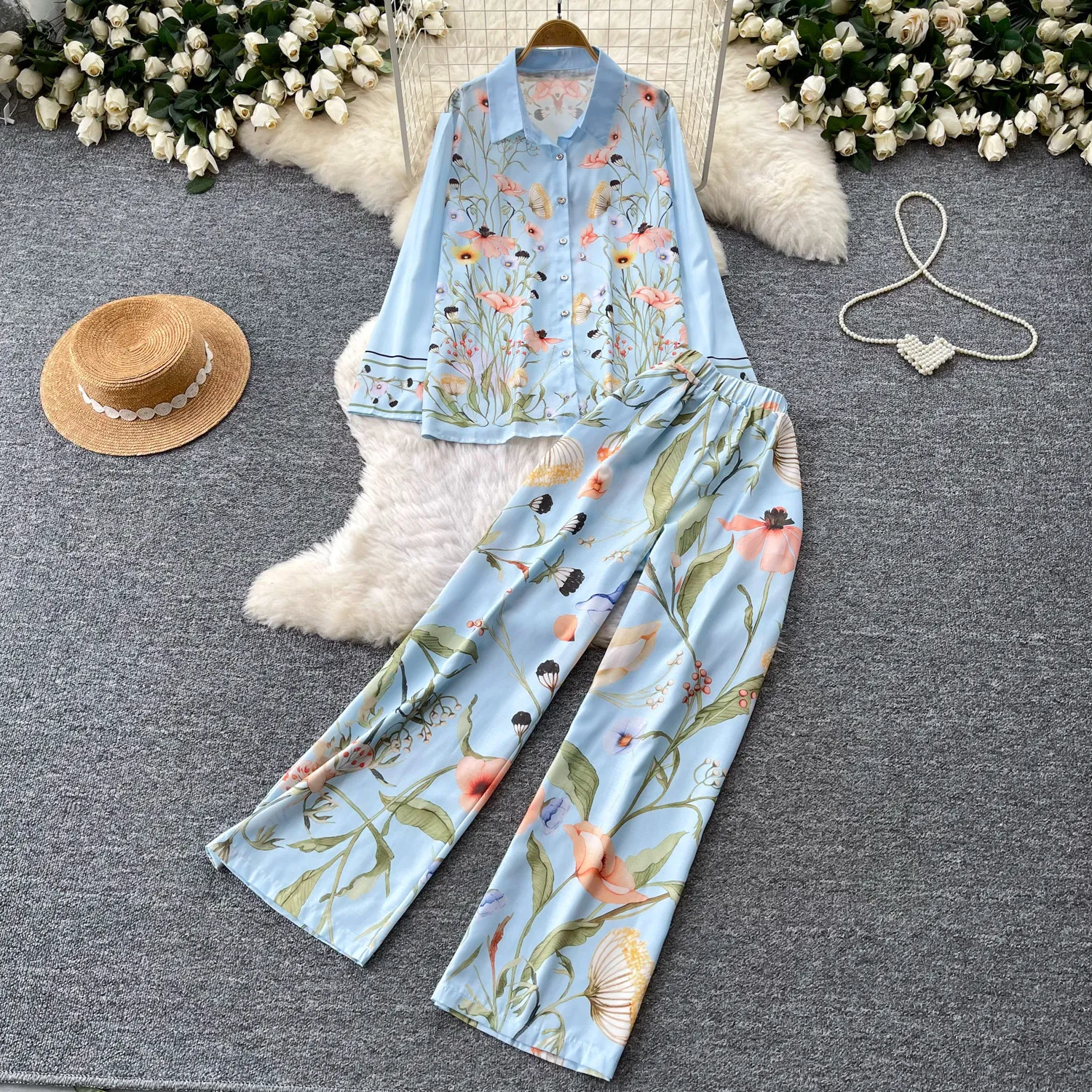 

Women Pant Set Two Piece Sets Turn Down Collar Full Sleeve Shirt Print Floral Wide Leg Long Pants High Waist Y2k Streetwear 2026