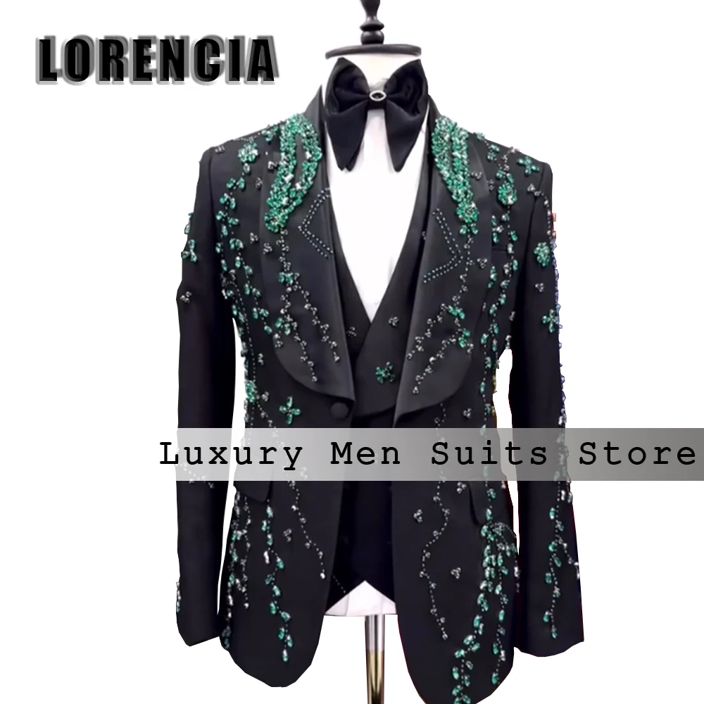 

Sparkly Rhinestone Suits for Men 3 Pieces Shawl Collar Groom Tuxedos Wedding Outfits Customized Blazer Pants roupas masculinas