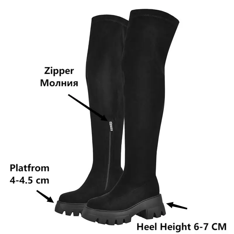 Onlymaker Women Black Over The Knee Stretch Boots Fashion Handmade Female Winter Boots