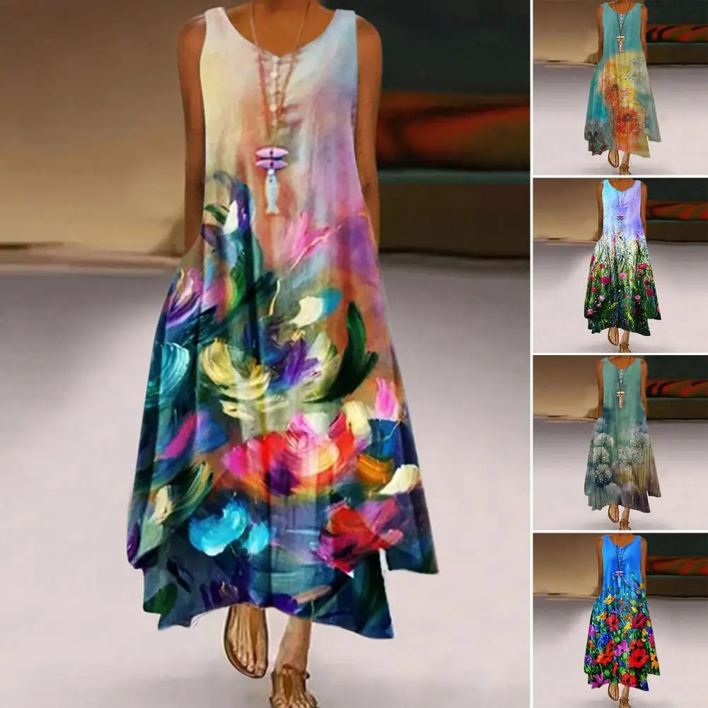 Floral  Fashion Flower Print Long Dress Cool Casual Dress Soft   for Holiday