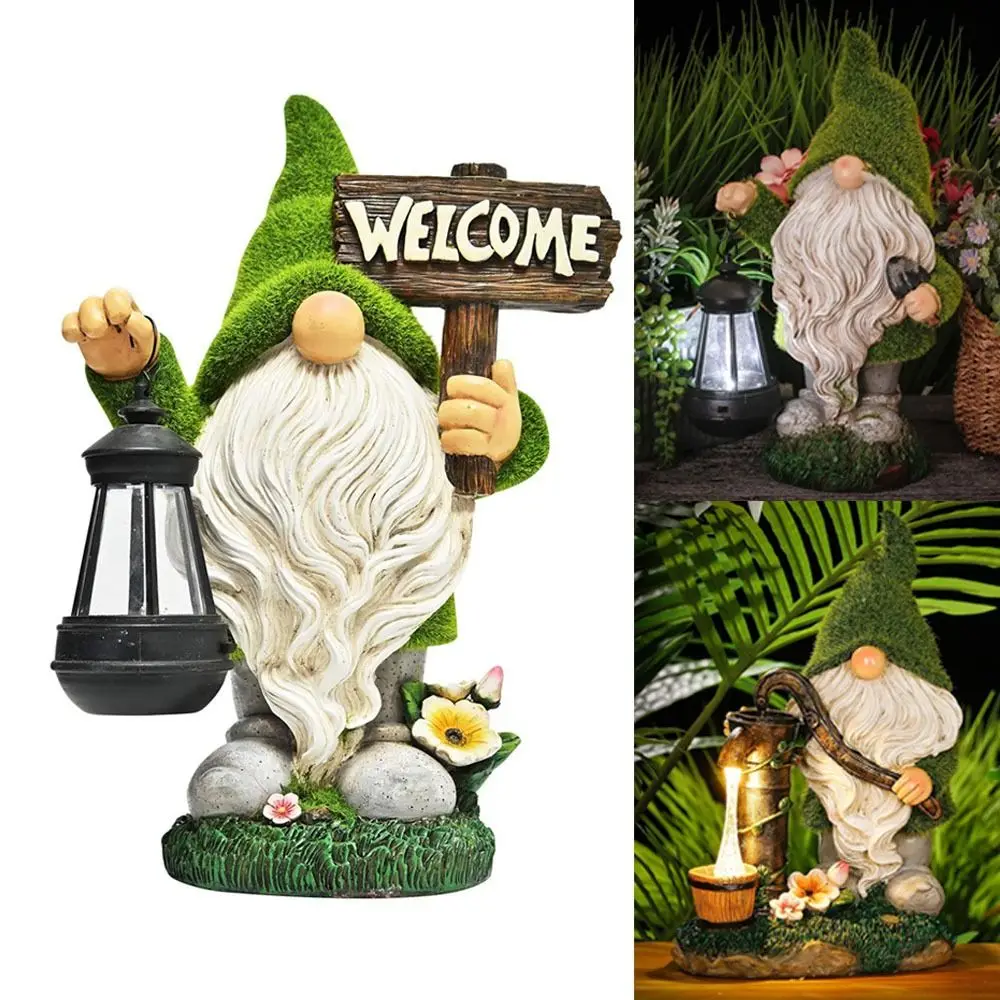 Resin Dwarf Statue Solar Light Solar Power LED Light Creative Gnome Dwarf Elf Statue Ornament Door Welcome Sign Crafts