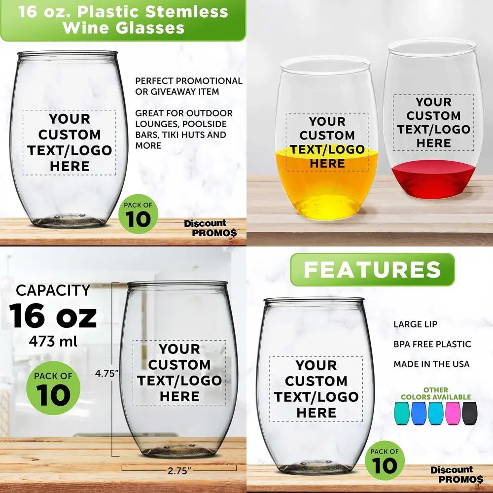 

Set of 10 - 16 oz Clear Plastic Stemless Wine Glasses, Personalized Bulk, BPA-Free, Ideal for Outdoor, Poolside, Parties & Event