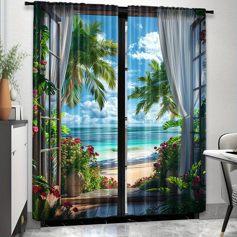 2pcs Tropical Beach Curtains Palm Tree Ocean Window Drapes Coastal View Nature Scenery Decor for Living Room Bedroom