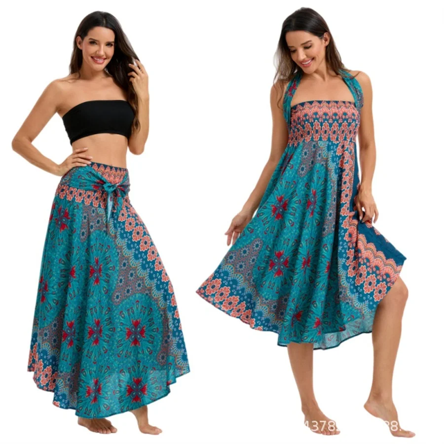 Damen Boho-Kleid aus Rayon, Atmungsaktiv, Weich, Sommerliches Bohemian Langes Kleid, Strandkleidung, Urlaub, Elastische Taille, Bandage-Neckholder, Hippie-Kleid – Detail 4