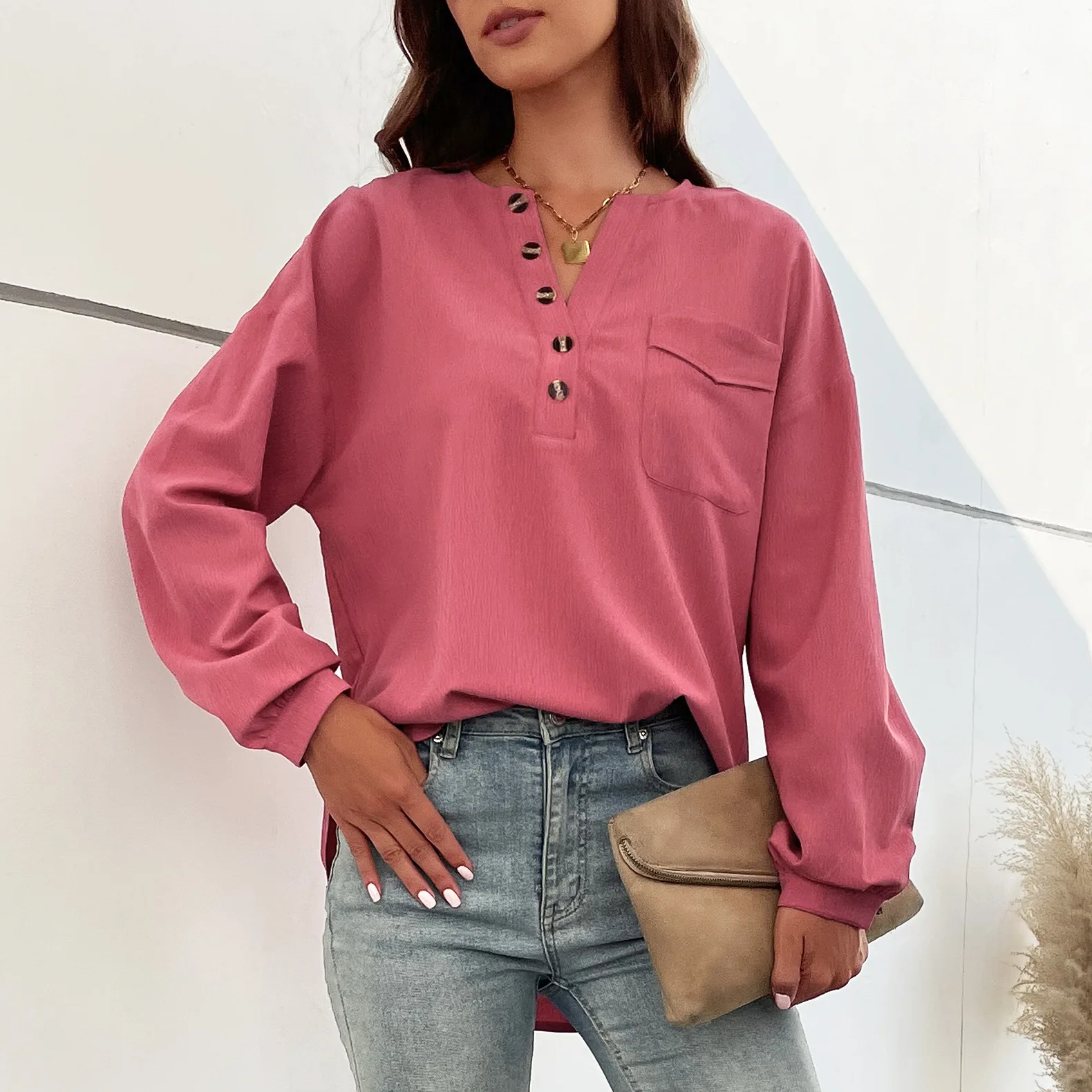 

Shirt Women Autumn 2022 New V-Neck Long Sleeved Solid Colour Loose Casual Pullover Woman Tops S-XL