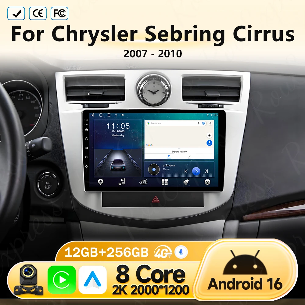 

For Chrysler Sebring Cirrus 2007 2008 2009 2010 Android 16 Car Radio Multimeida GPS Navigation 4G Wireless Carplay Auto Player