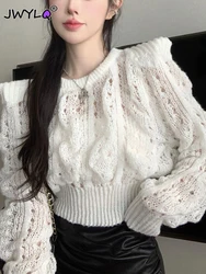 Elegant Y2k Hollow Puff Sleeve Out Pullovers Women Spring Summer O-neck Loose Long Sleeve Knitted Top New Casual Cropped Sweater