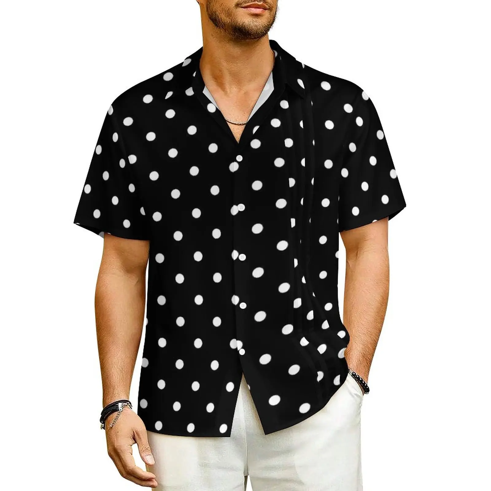 

Black Polka Dots Vacation Shirt Male Vintage Print Cool Casual Shirts Hawaii Short Sleeve Funny Graphic Oversize Blouses Gift