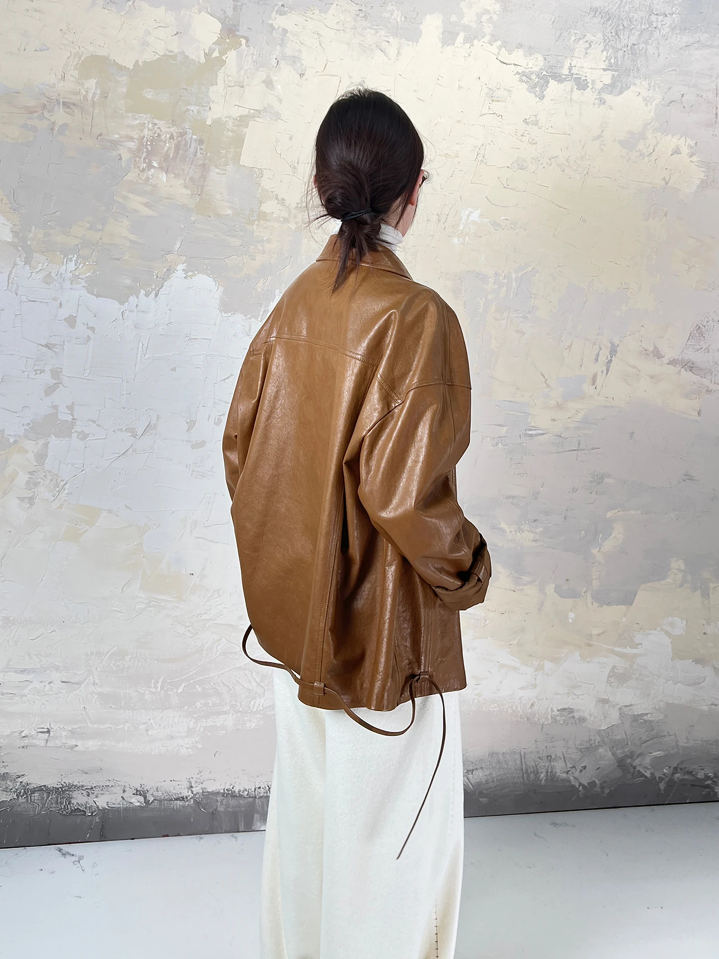 メアリーティム オイルワックスレザージャケット ポロカラー バーンスタイル シープスキンコート ストリートスタイル 長袖 ルーズフィット ユースファッション