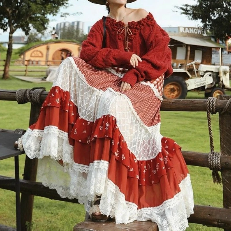 Vintage Mori Girl Style Elegant Red Plaid Floral Ruffle Tiered A-Line Maxi Skirt High Waist Spring Autumn Long Skirts for Women