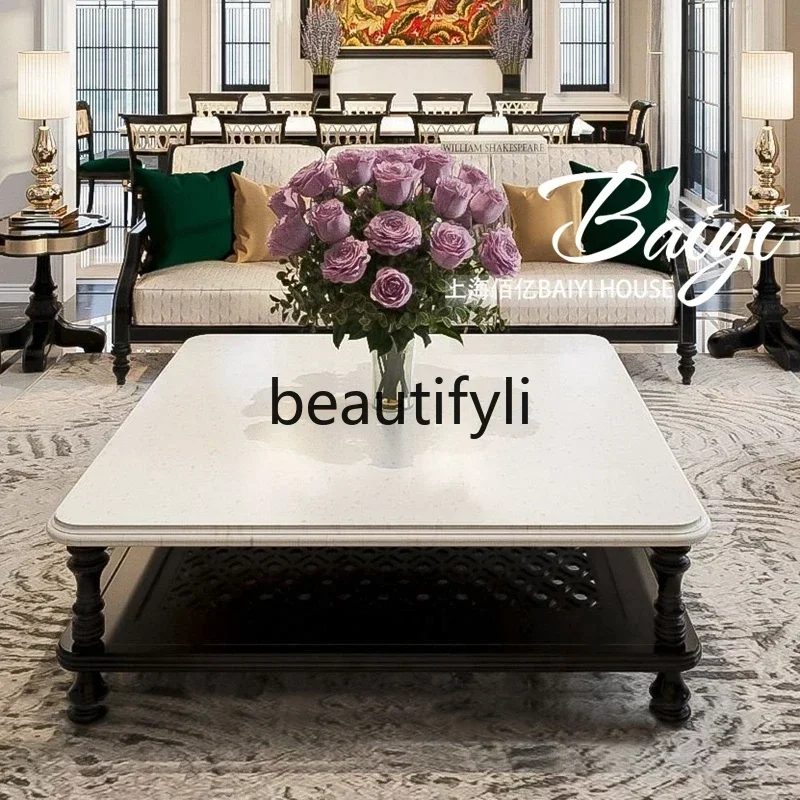 

Cy56 French rural retro coffee table solid wood carving square villa living room tea table American light luxury edge table