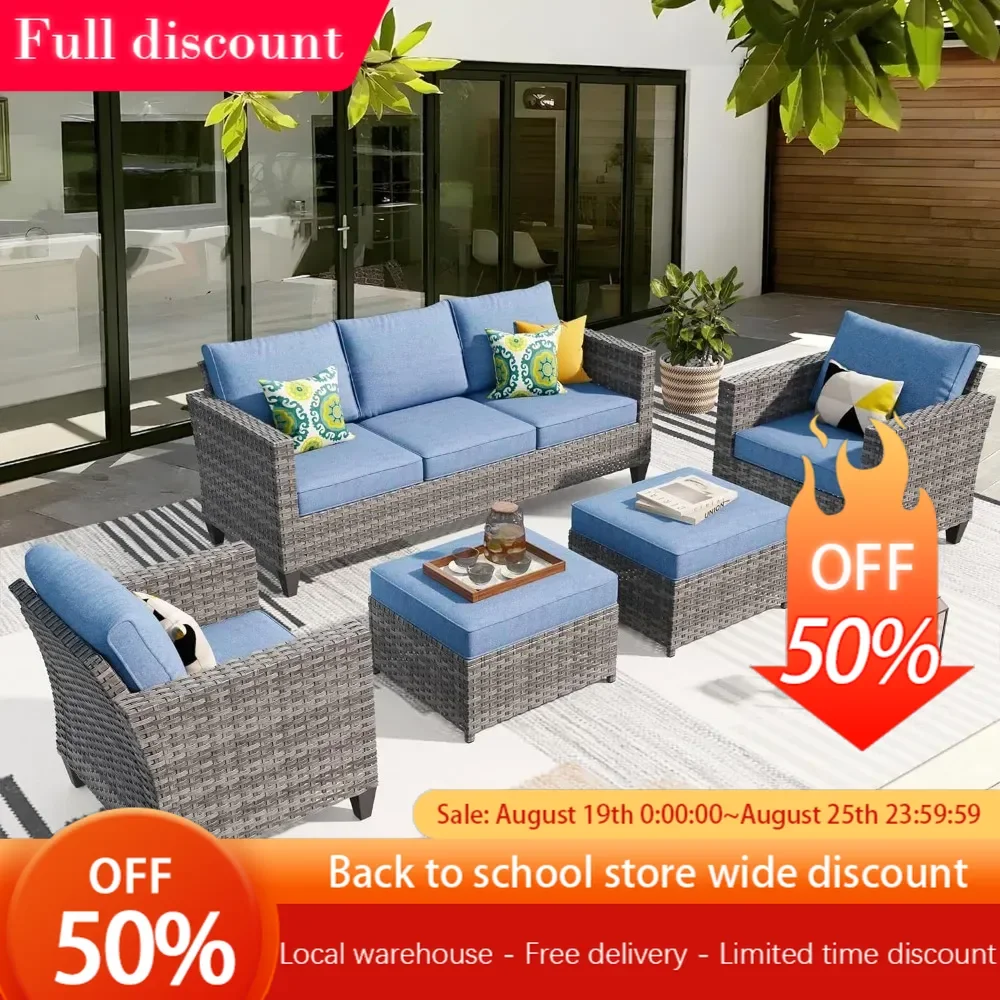 

Outdoor Sofa, 5-piece Set of Outdoor Rattan Sofa with Comfortable Cushion, All-weather High Back Conversation Set, Blue Sofa