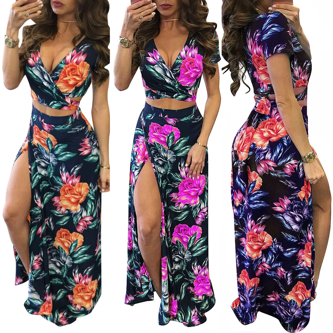 Frauen Sommerkleid Sets Blumen gedruckt zweiteiligen Rock Set sexy Crop Top und Rock 2 Stück Anzüge Bohemian Party Outfits neu