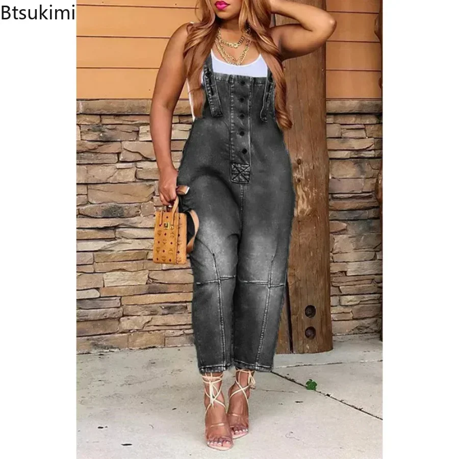 Новинка 2025, женский модный джинсовый комбинезон, свободный комбинезон с широкими штанинами и карманами на пуговицах, тонкий женский комбинезон с высокой талией на подтяжках