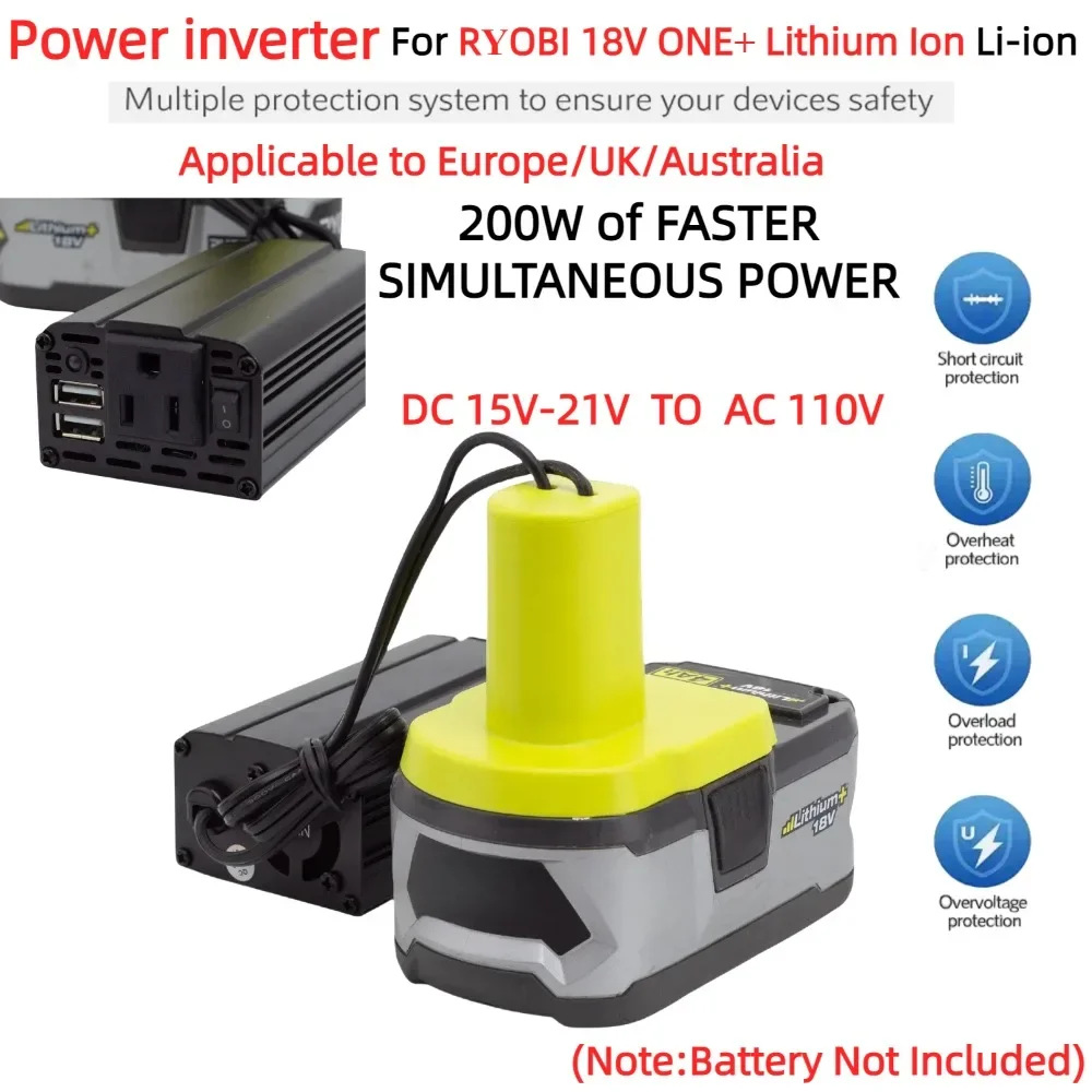 200W Portable Power Inverter Outlet Adapter For RYOBI 18V ONE+ Lithium Ion DC 18V To AC 110V Powered with Dual USB 5V2.4A