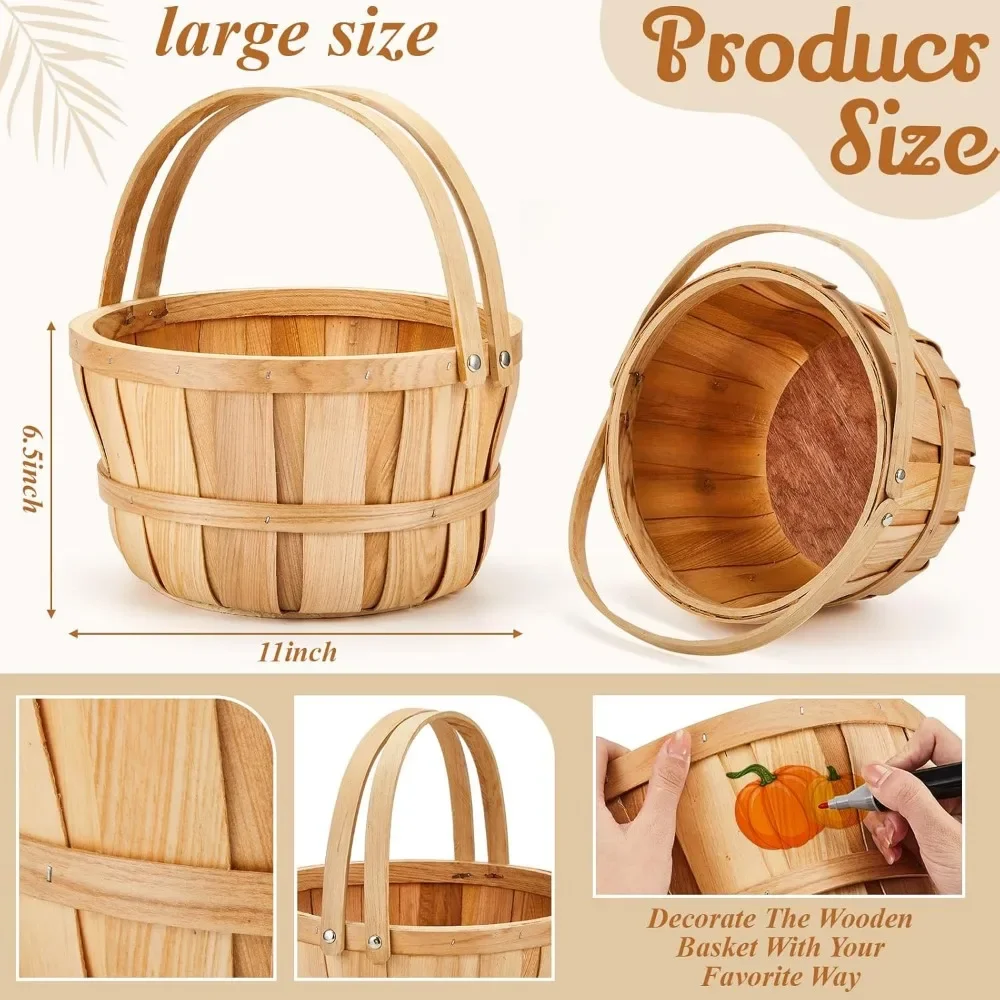 16 Pcs Large Round Wooden Apple Baskets - 11 x 6.5'' Fruit Bushel Baskets for Fall Harvest and Gardening