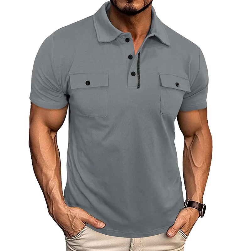 Men's Lasel Double Pocket Short Sve Outdoor Shirt Top Casual Autumn Thickened Fleece Nine-Quarter Sleeve  Neck Design