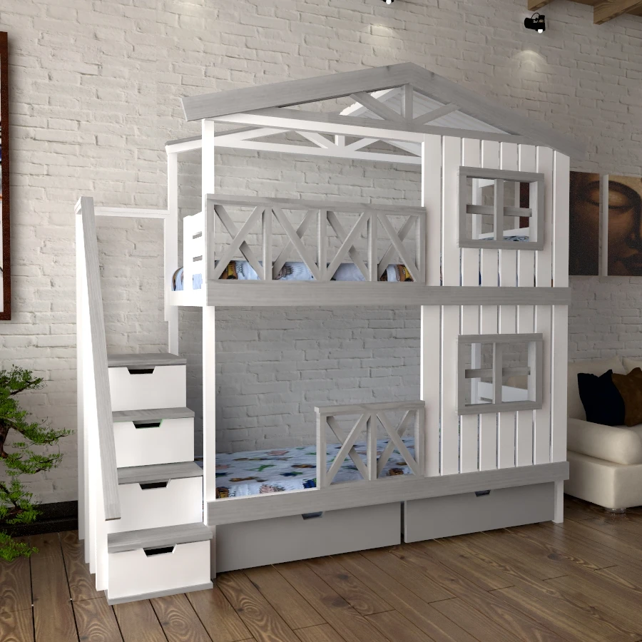 Attic design double-layer solid wood gray children's bed with windows storage ladder cabinet children's bed