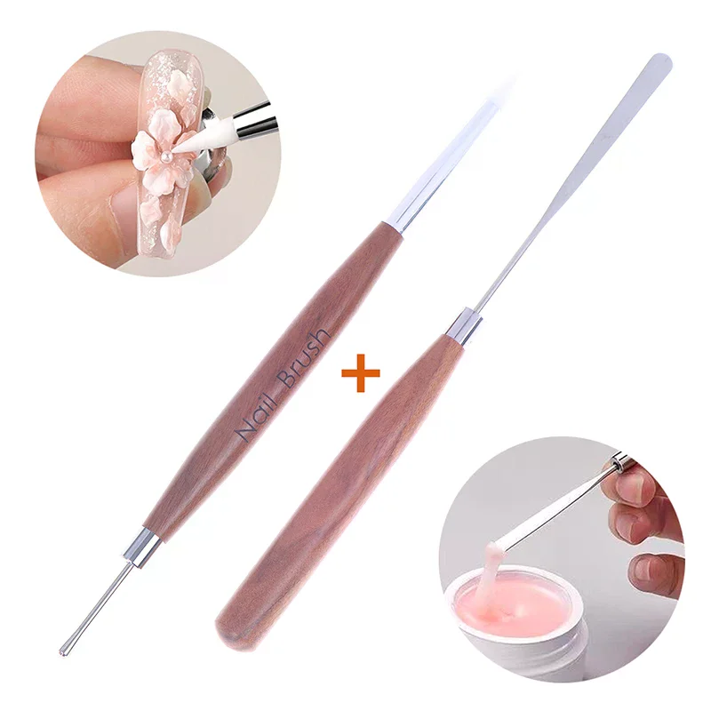 2Pcs Double Ended Silicone Dotting Pen Sandalwood Handle Nail Carving Painting Pen DIY Manicure Art Tool Set