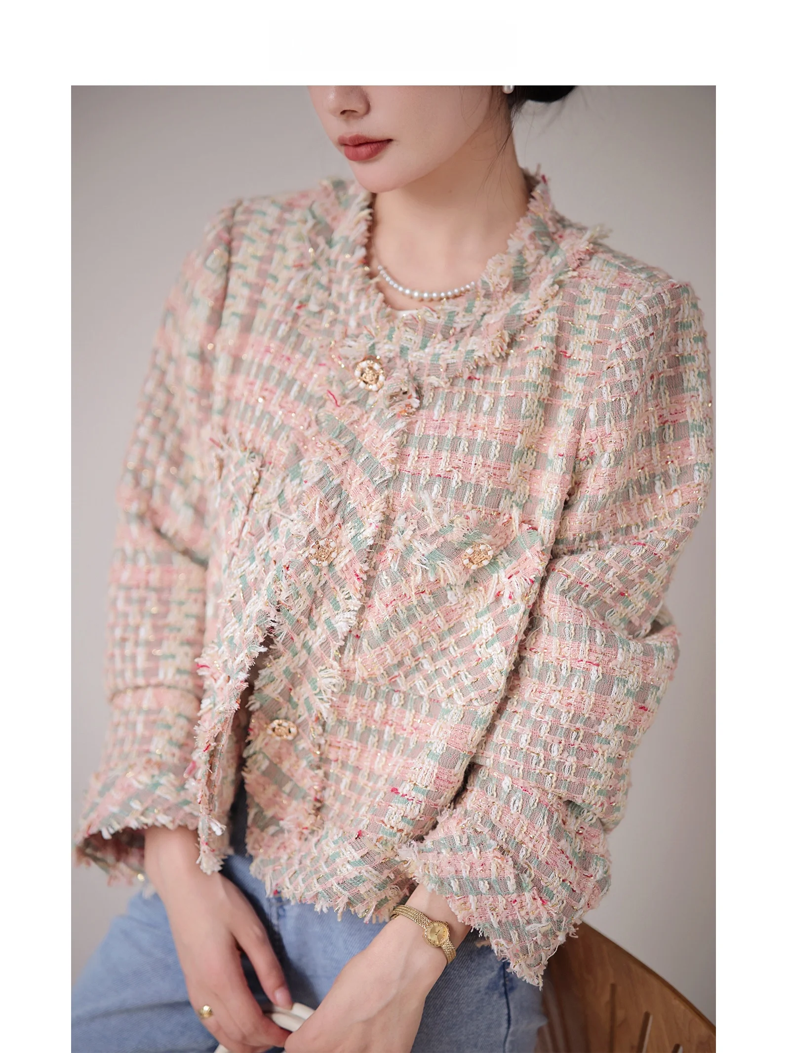 

Gentle Comfortable Soft Tweed Jaet Casual Faion Le Fraance Outerwear Polyester Fabric Long Sve ort Sle Loose Fit