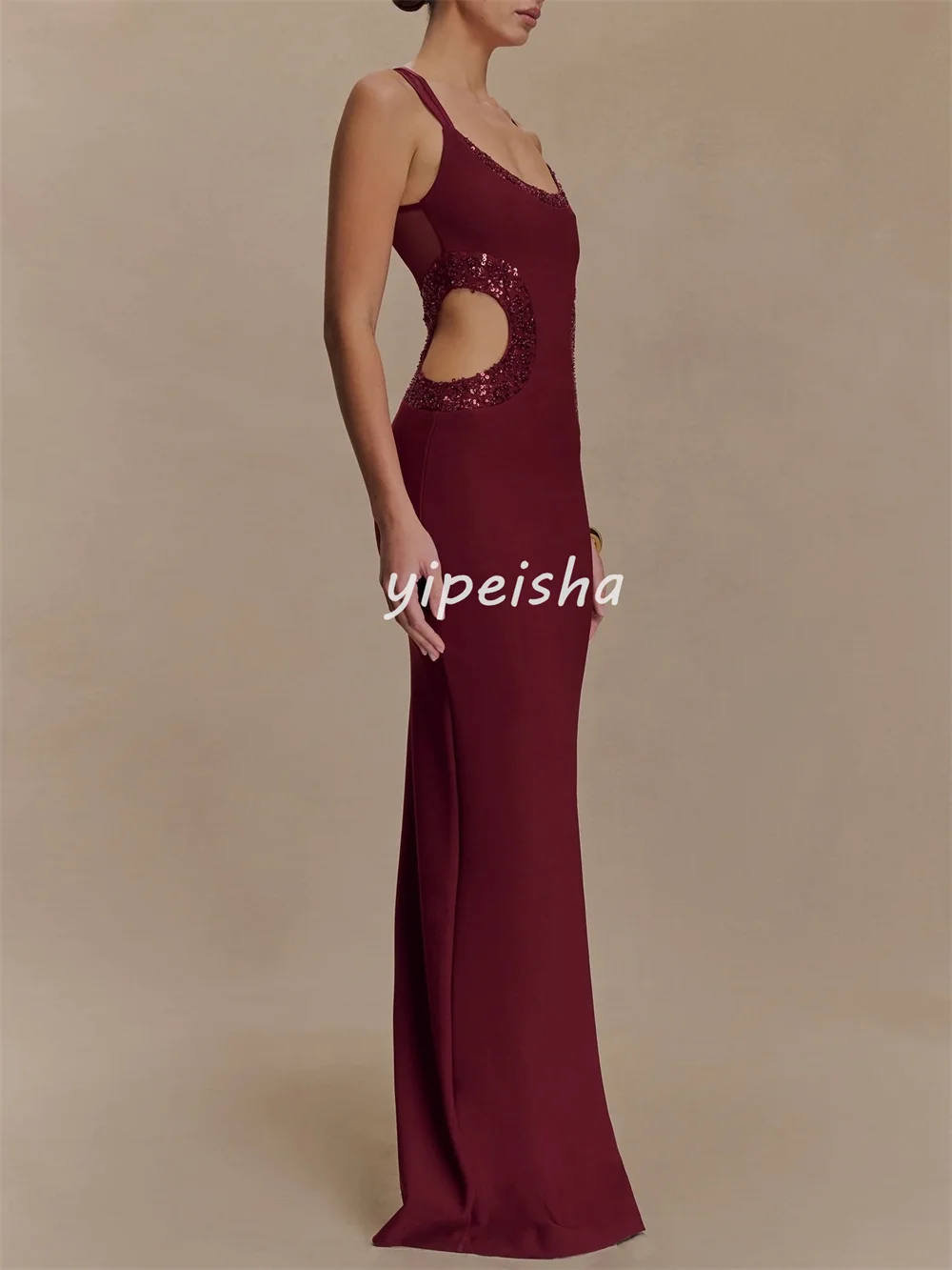 Op maat gemaakte bijpassende sexy jersey plooi kralen lovertjes rechte ronde hals lange jurken op maat gemaakte gelegenheidsjurken klassiek retro