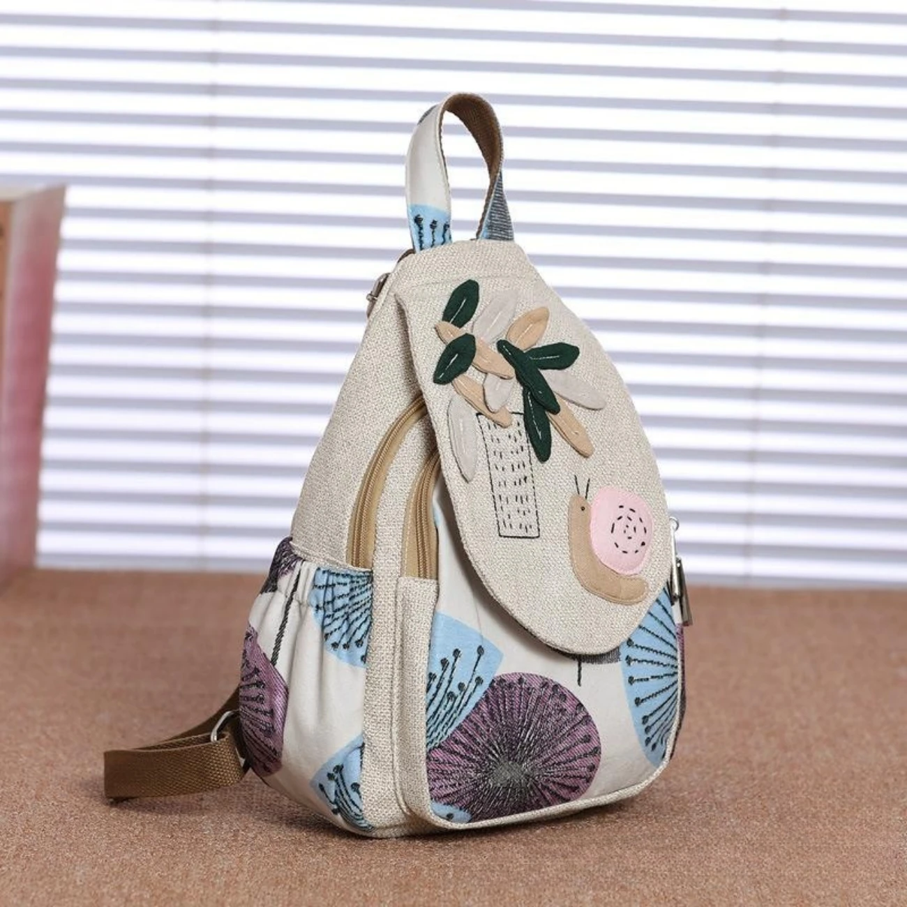 Handmade Snail Pattern Canvas Shoulder Bag Women's Chest Bag