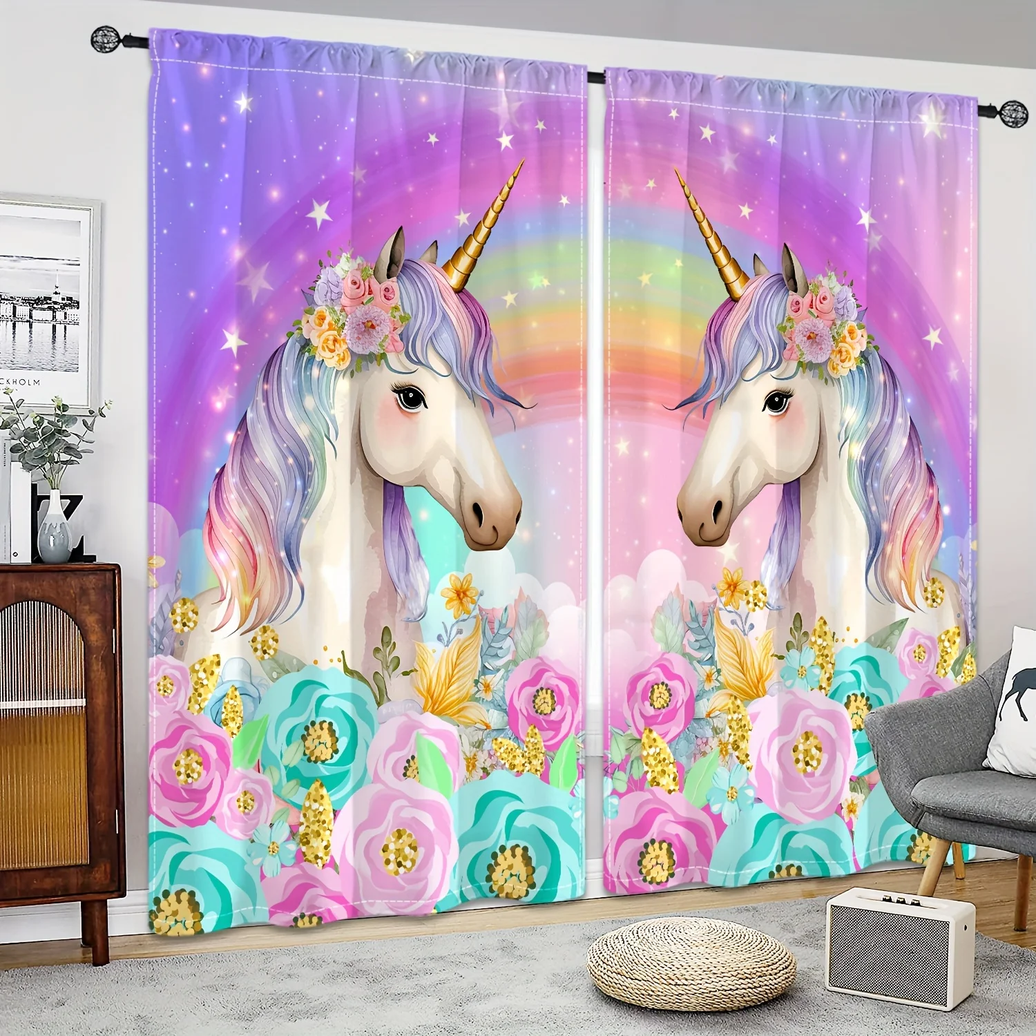 Rainbow Unicorn Sunshade Curtains for Girls Bedroom 2 Panel Set Window Curtains for Living Room カーテン Cortinas Para La Sala