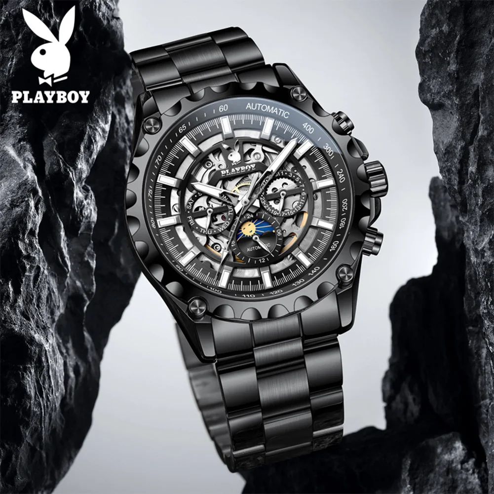 

PLAYBOY 3551 Men Original Mechanical Movement Watch For Men Sun Moon Dial Night Light Function Date Display 30m Waterproof Watch