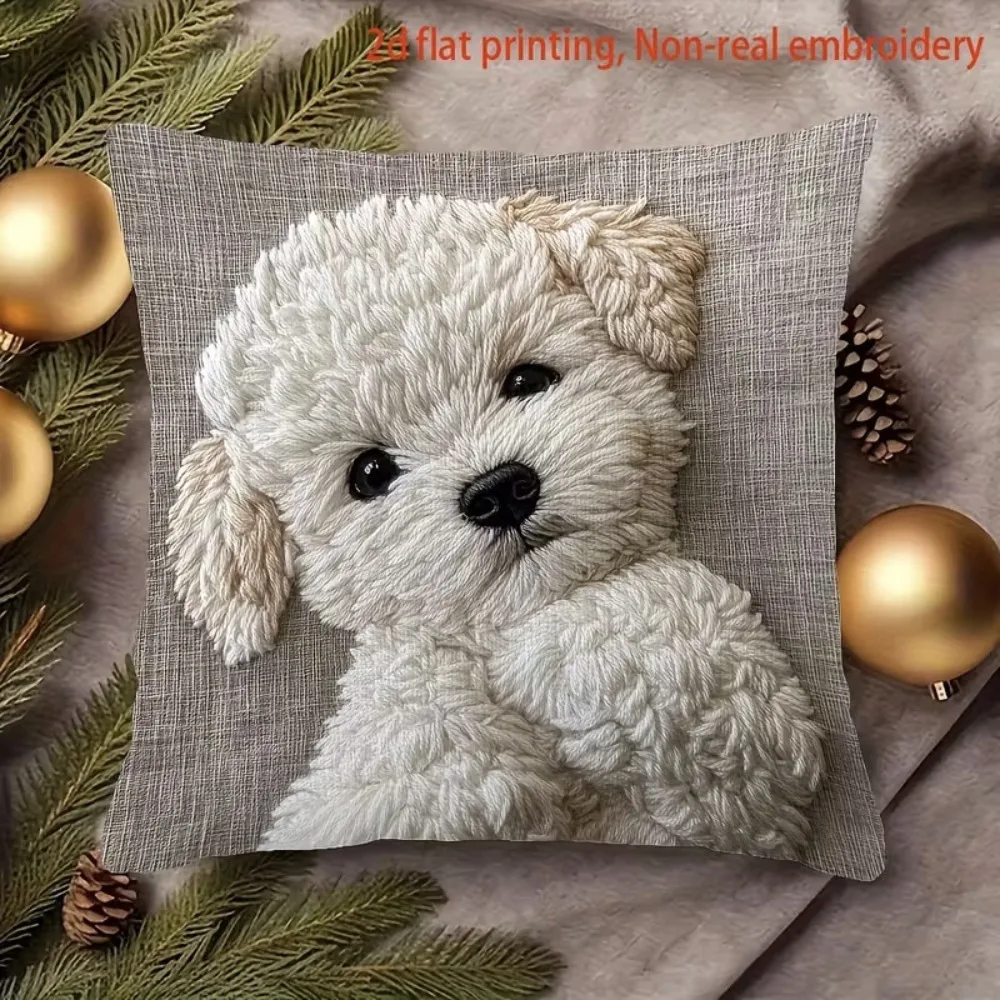 Cute Bichon Dog Printed Pillowcase With Linen Texture Decorative Cushion Cover For Sofa Home Bedroom Pet Lovers Gift No Insert