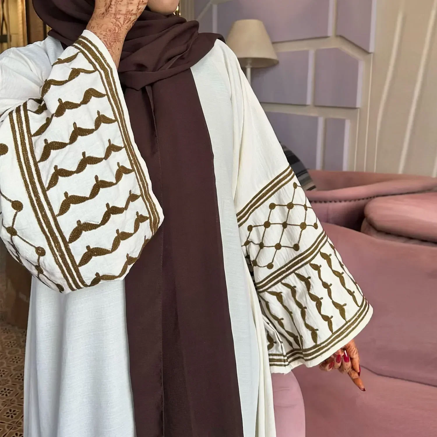 Weißer offener Abaya-Kimono mit Keffiyeh-Stickerei, muslimische Abayas für Frauen, Dubai, luxuriöse islamische Kleidung, Kaftan, Hijab-Kleid, Ramadan, Eid