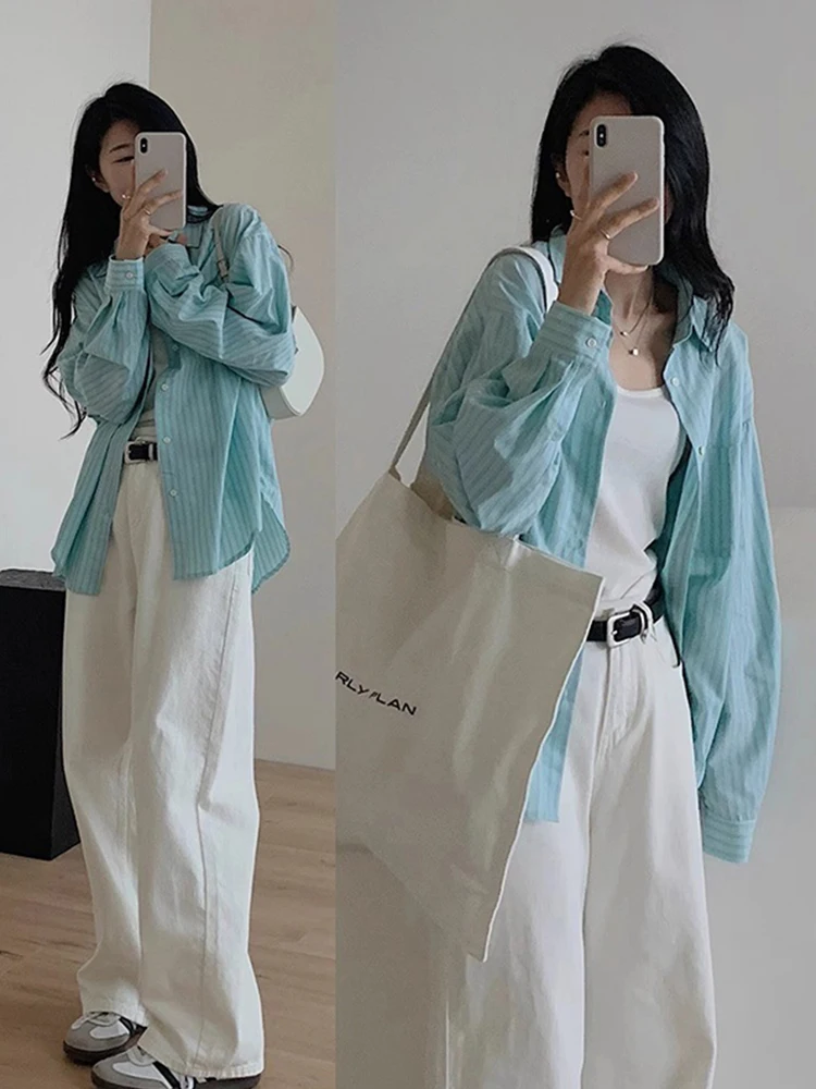 Mint Blue Green Striped Light Weight Shirt Jacket Women's Summer Design Sun Protection Open Cardigan Thin Cover up Top