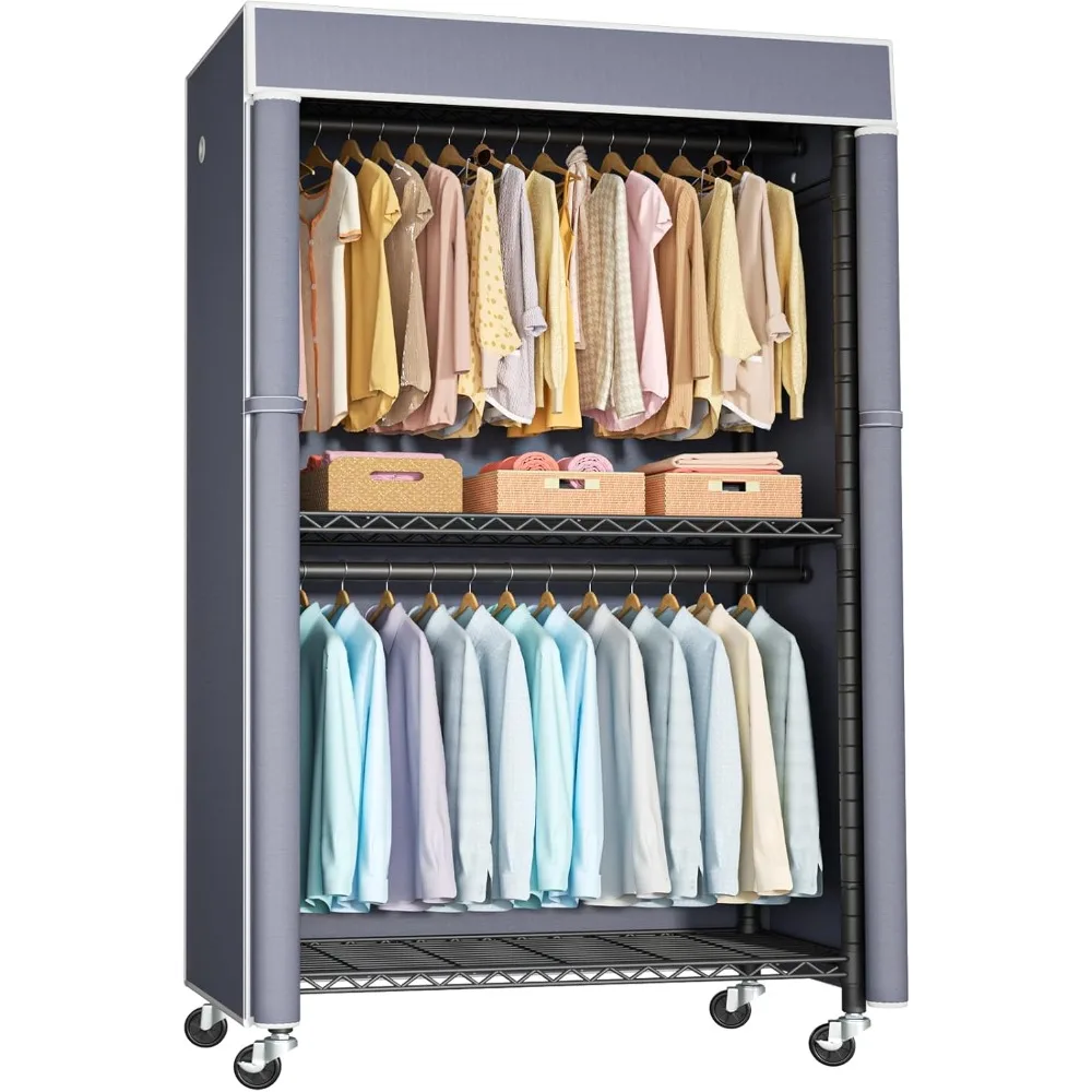 

Black Clothing Rack with Grey Cover, Rolling Closets with Wheels, Metal Garment Rack for Hanging Clothes, Clothing Storage