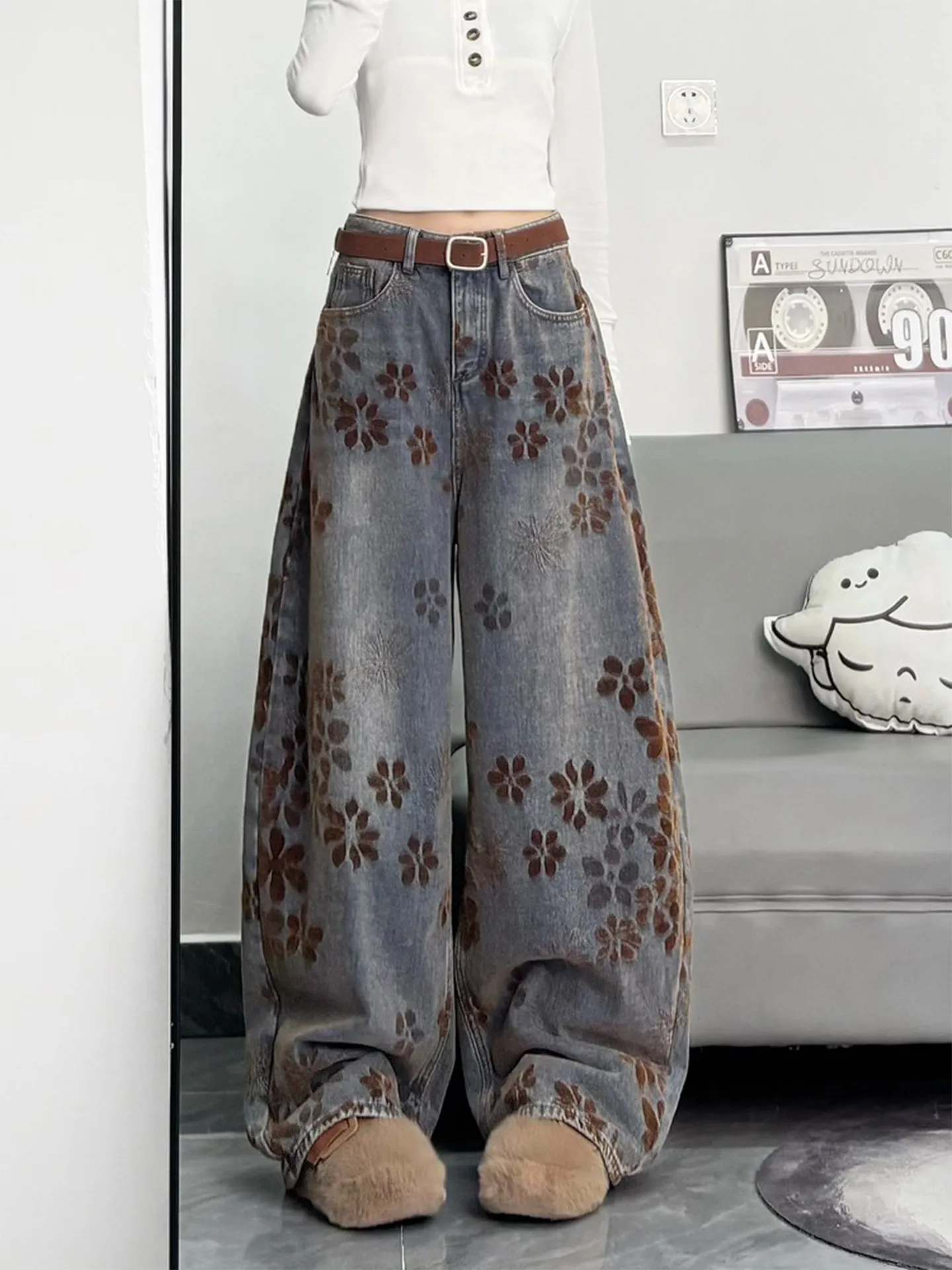 Retro Amerikanische Gestrickte Breite Bein Jeans frauen Lose Gerade Geschnitten Hosen Frühjahr Neue Design Schlankheits Wirkung Casual Jeans