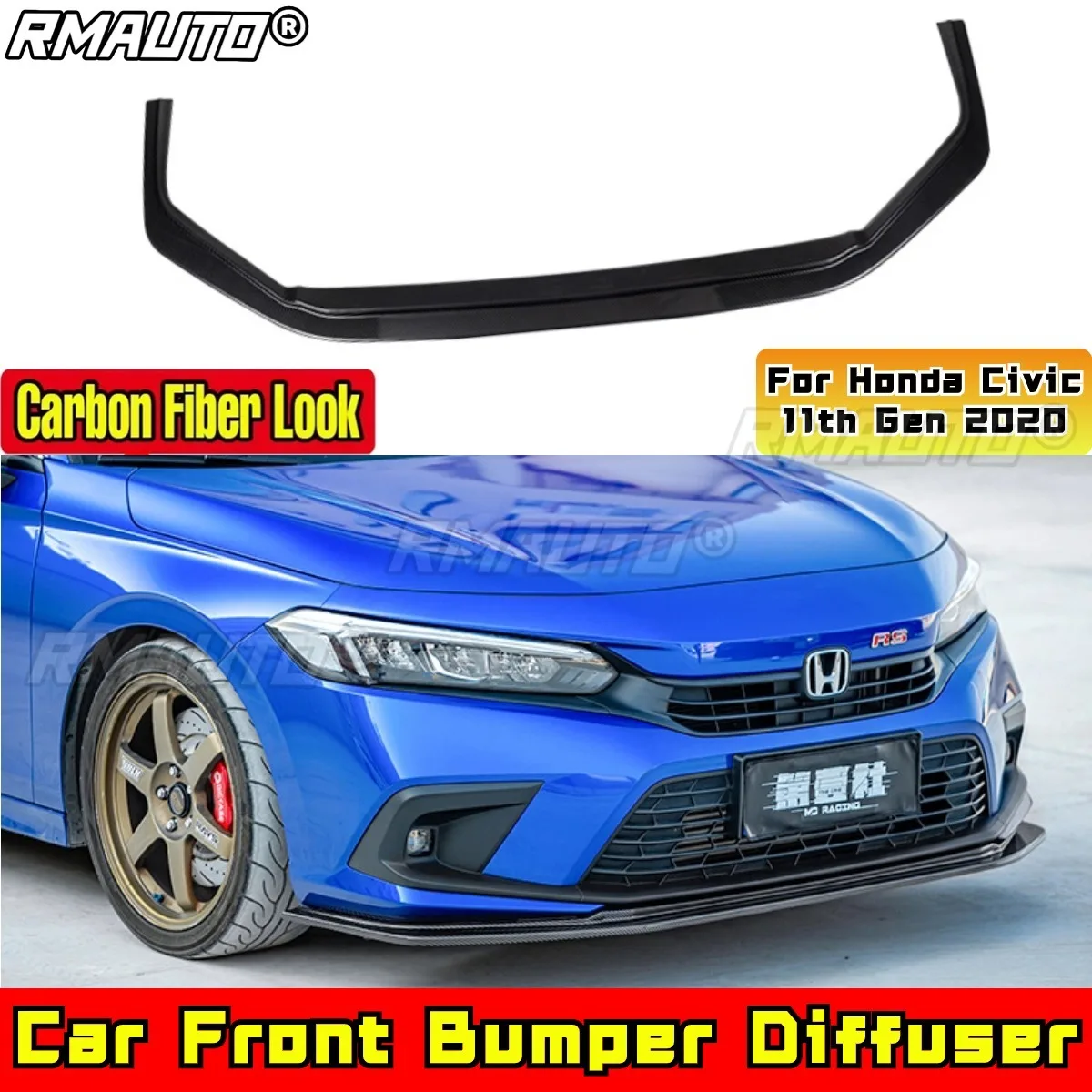 For Civic Body Kit Front Bumper Diffuser Matte Black RS Style Bumper Guard For Honda Civic 11th Gen 2021-2024 Car Accessories