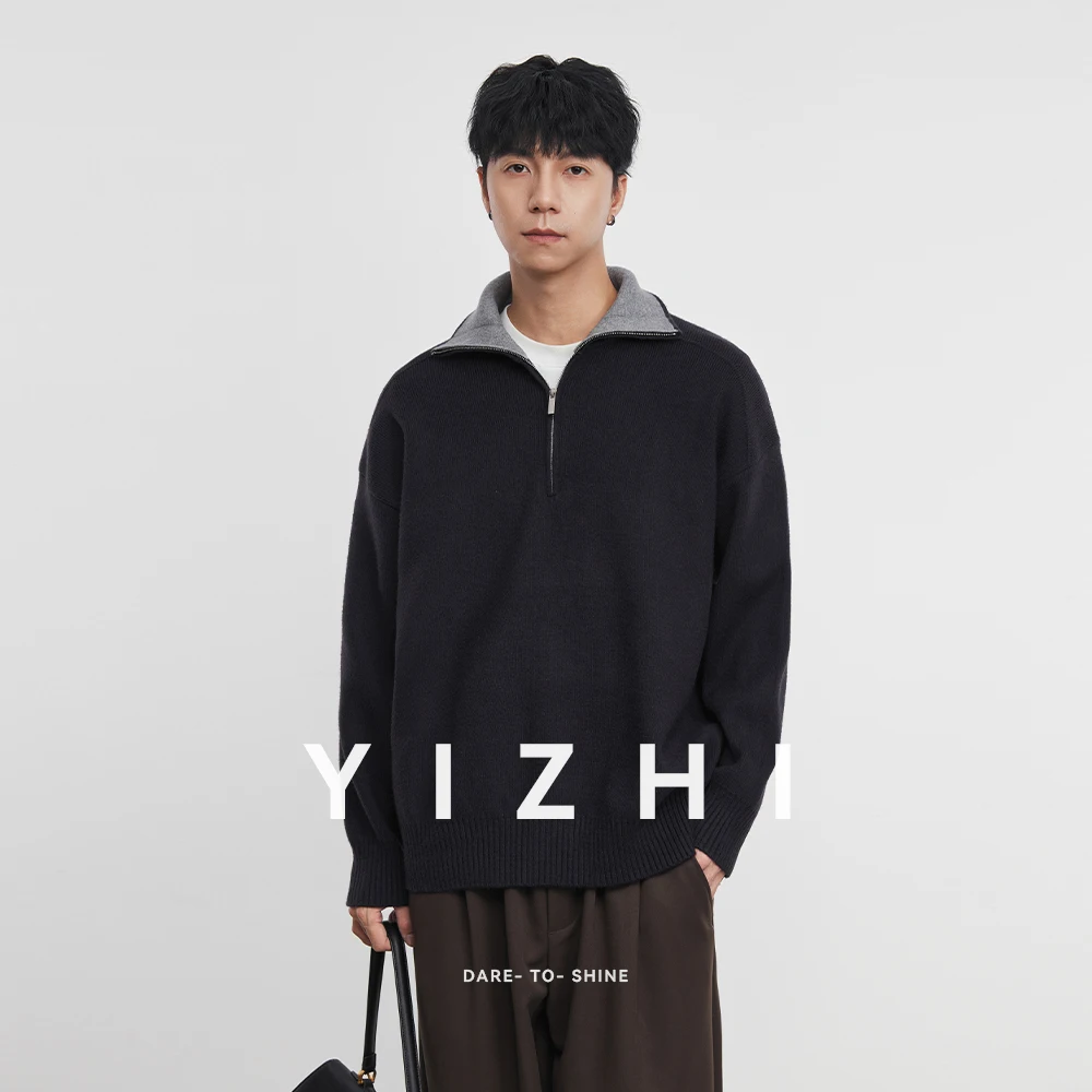 

Fashion Men's Casual Half - Zip Contrast Collar Sweater 2025 Autumn Winter New Loose Fit Knitted Pullover Long Sleeve Jumper Top