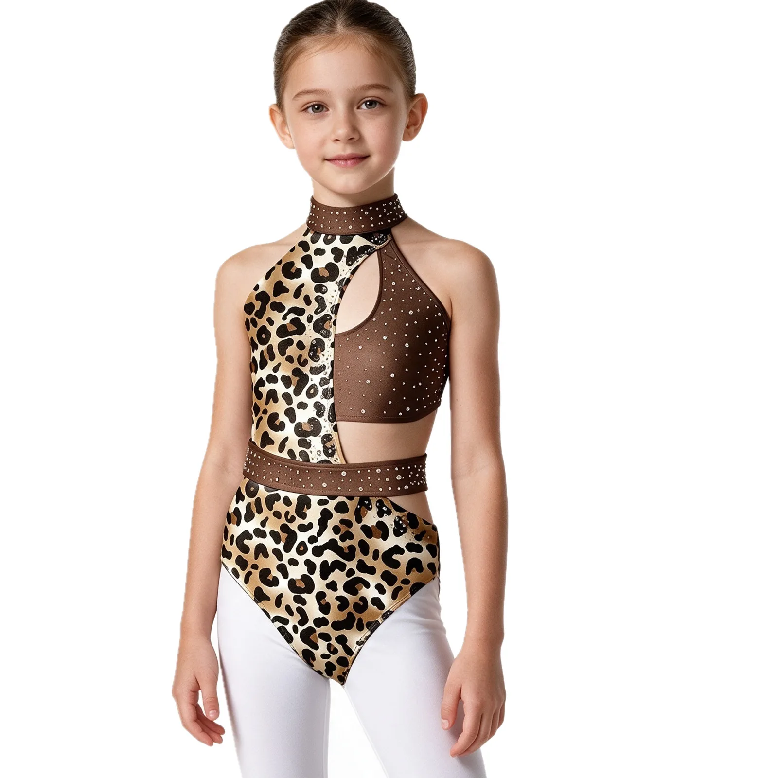 Kids Girls Ballet Dance Bodysuit Sleeveless Print Rhinestone Cutout Gymnastics Figure Skating Acrobatics Yoga Leotard Dancewear