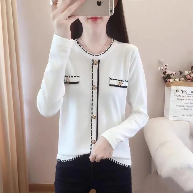 Spring Autumn New Contrast Patchwork Short Sweaters Long Sleeve Solid All-match Knitting Pullovers Fashion Elegant Women Clothes