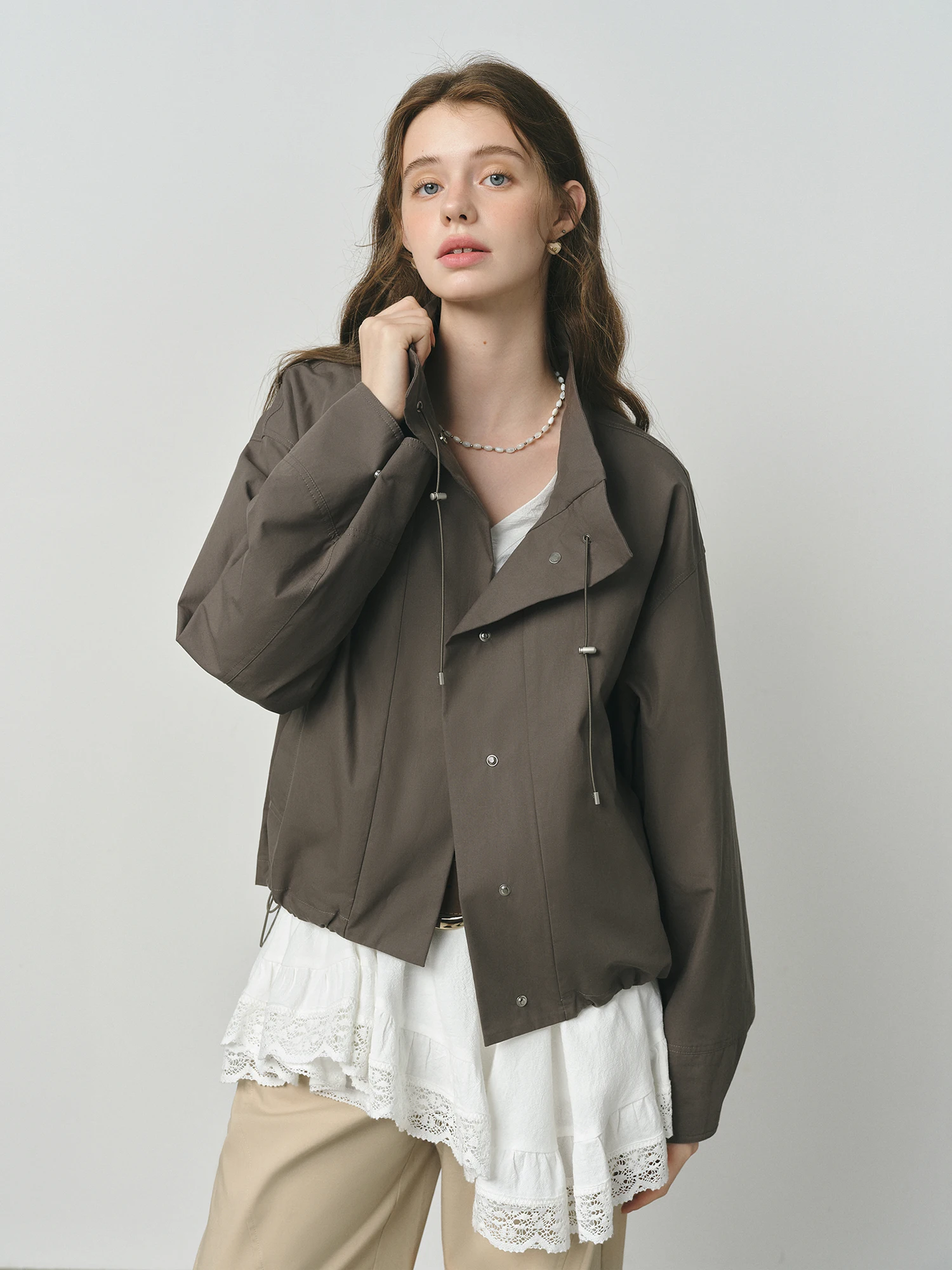 FSLE 2025 Veste utilitaire vintage pour femme - Manteau court d'automne décontracté à manches bouffantes avec cordon de serrage et style grange