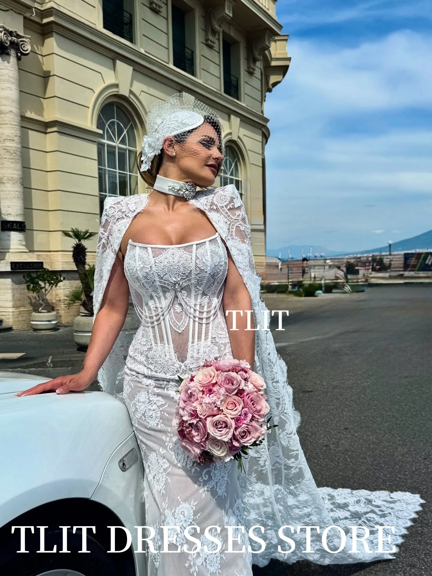 TLIT Luxurious Lace Mermaid Wedding Dresses Customized Sweetheart  فساتين زفاف Lace Shawl Pearls Bridal Gowns