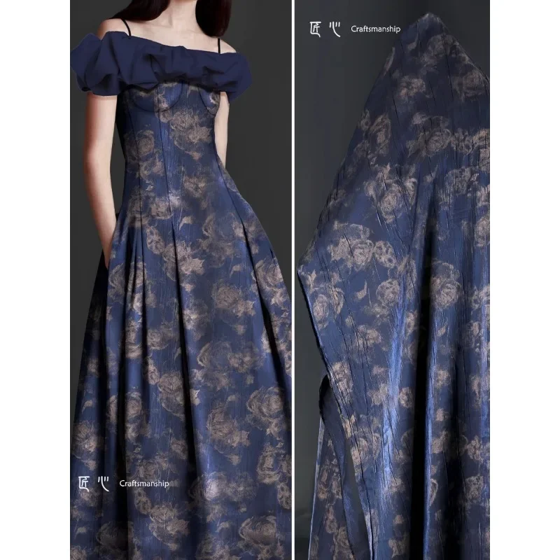 Treasure Blue Rose Hot Stamping Pleated Fabric Composite Texture Reconstruction Artistic Dress Jacket Clothing Designer Fabrics