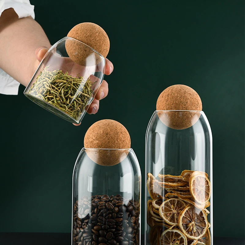 Transparent Lead-free Glass Bottle With Ball Cork Lid Storage Jar Tank Sealed Tea Cans Dried Fruit Cereal Snacks Coffee Contains