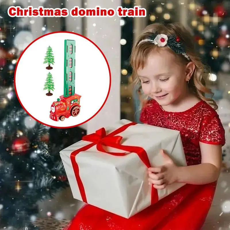 Blocos de construção Domino Train para crianças, deitado automático, brinquedo elétrico, luzes e música, Natal