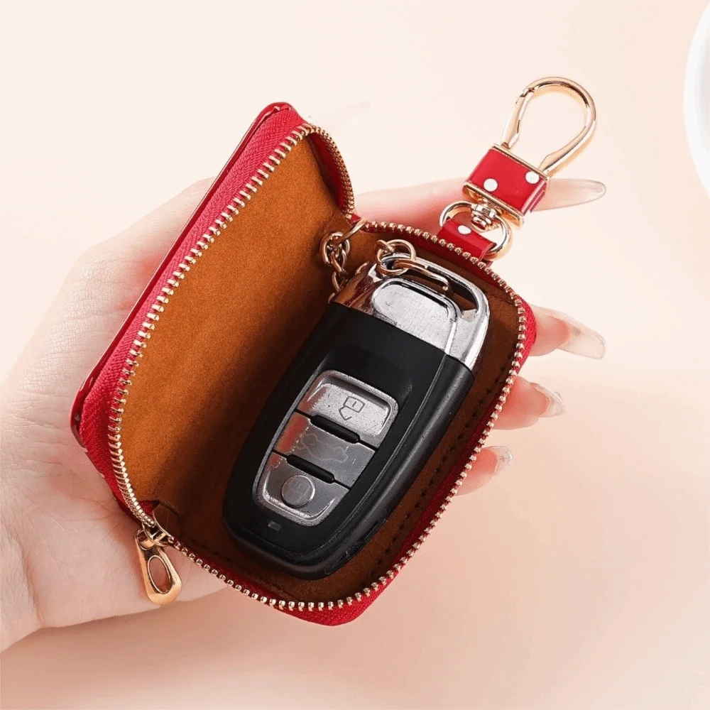 Durable Polka Dot Key Pouch Metal Clasp Pu Leather Zipper Key Protection Cover Water Resistant Compact Small Wallet Daily Use